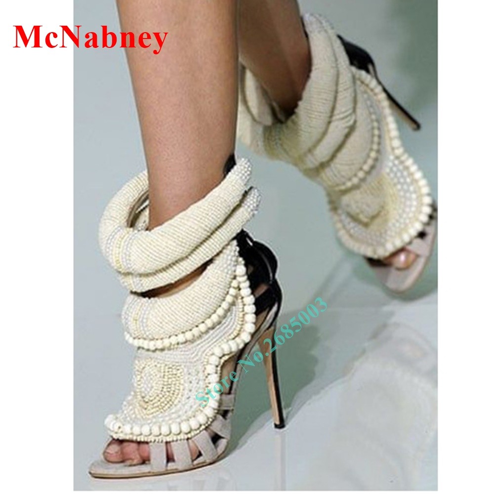 Solid Stitched Pearl Hollow Sandals Women Platform Shoes Sexy Thin High Heel Sandals Special Style Prom Summer Shoes Design