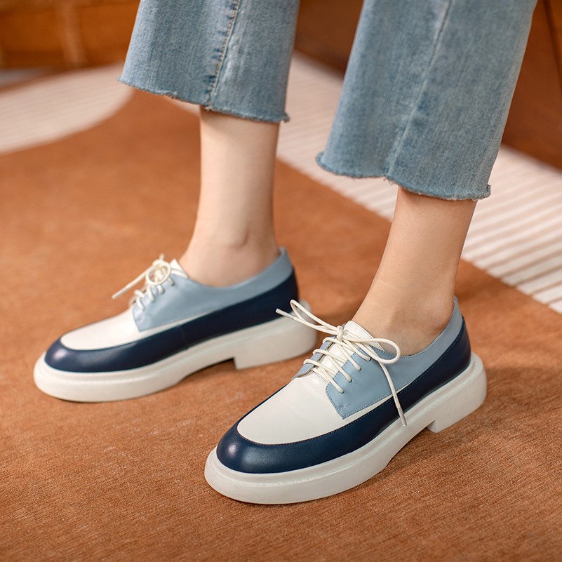 Meotina - Women's Genuine Leather Flat Shoes, Round Toe Casual Shoes, With Cross Laces, Spring 2021