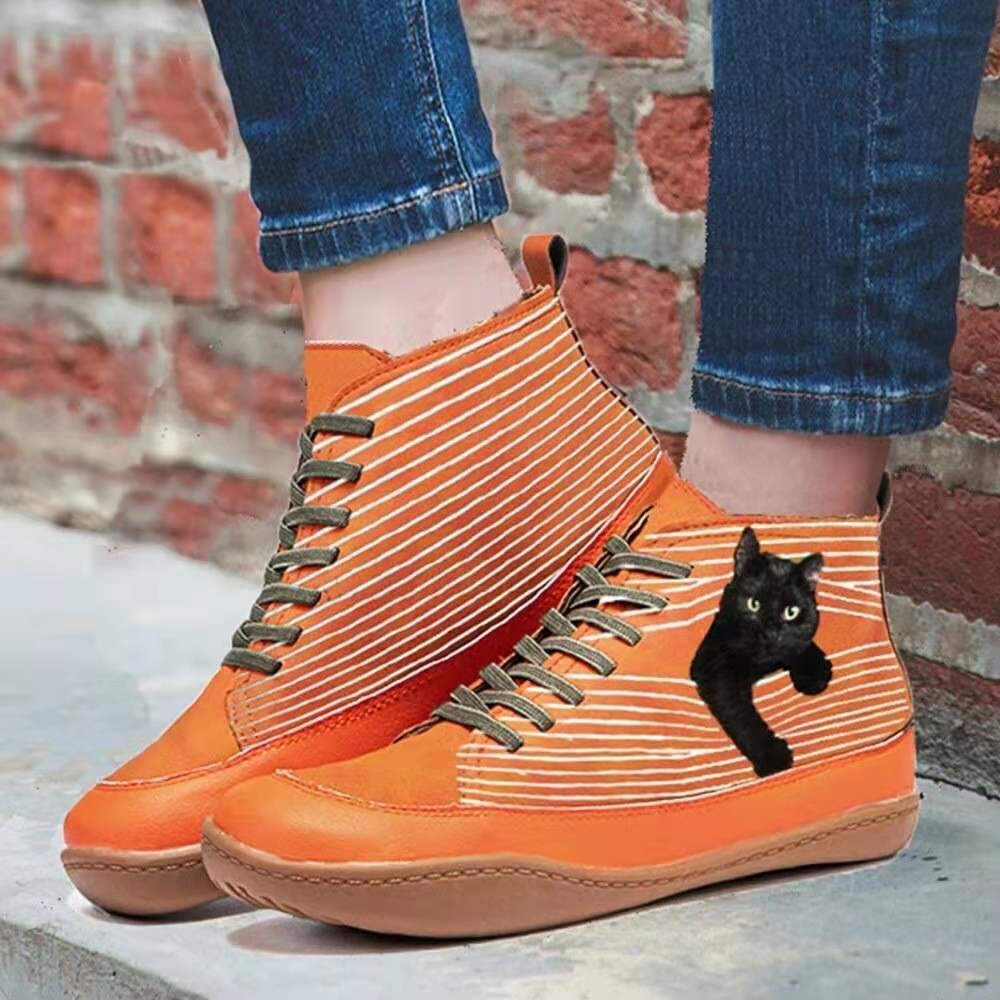 Women Winter New Genuine Leather Shoes Women 2021 Cross Straps Flat Bottom High Quality Printing Cat Boots Warm Comfortable Socks