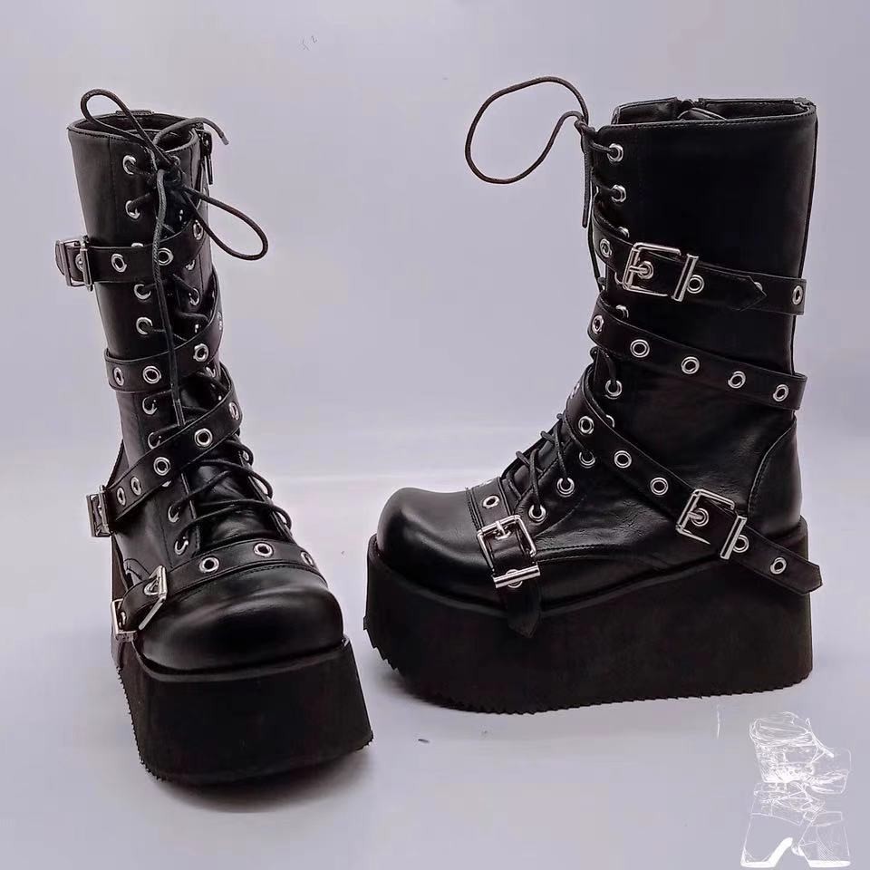 Plus Size 43 Autumn Women Boots Buckle Round Toe Wedges Platform Boots Punk Goth INS Women Street Shoes Combat Boots For Women