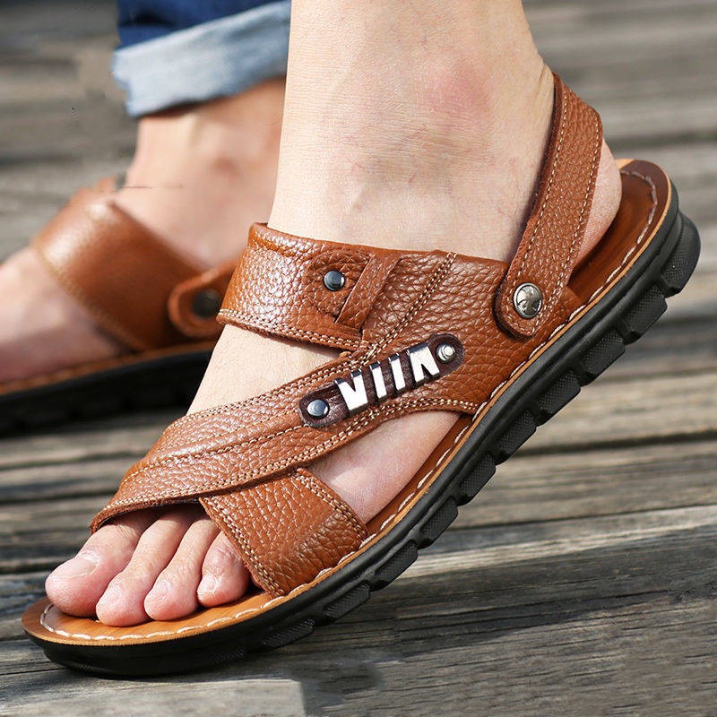 Men Beach Shoes Cow Sandals Quality Genuine Leather Non-slip Men Slippers Breathable Two Uses Men Sandals Men's Shoes