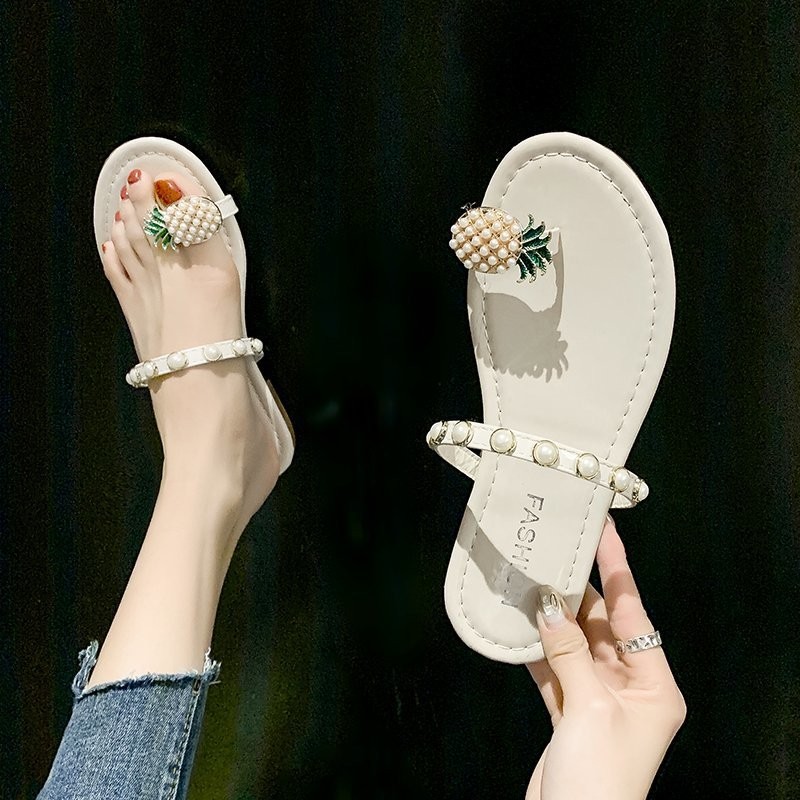 Women's shoes 2021 summer new women's shoes fashion pearl pineapple sandals women flat bottom all over toe women's beach slippers