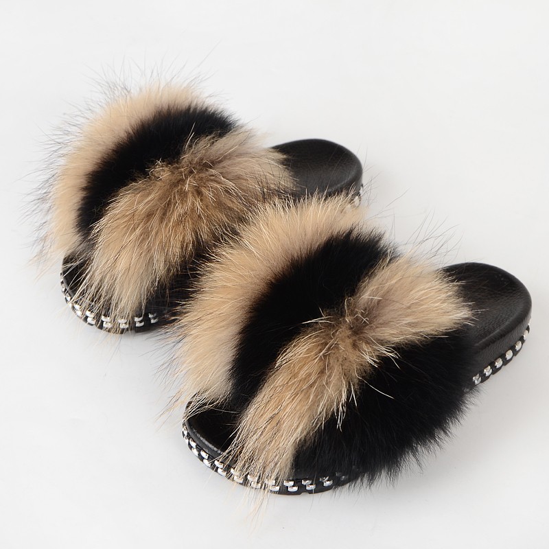 Fur Slippers Women Real Fox Fur Slides Fluffy Home Slippers Luxury Flip Flop with Fur Ladies Platform Sandals Summer Shoes Women