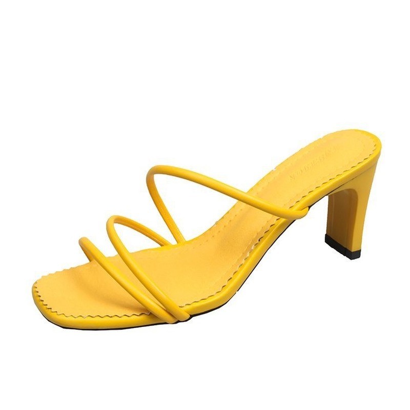 2022 New Summer Elegant Women 5cm Square High Heels Slides Mules Designer Yellow Green Heels Beach Slippers Female Shoes