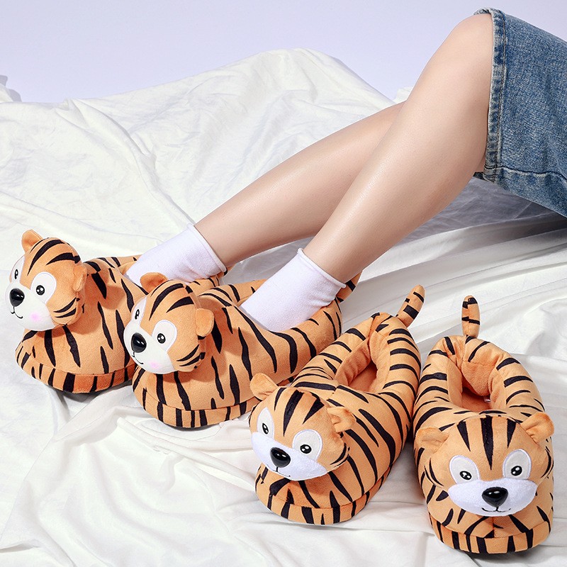 Womens Winter Cute Tiger Cotton Slippers Men Warm Soft Plush Indoor Slippers Couples Non-slip Indoor Floor Shoes Chaussure Femme