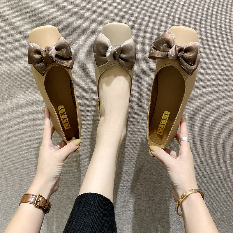 2022 spring new cute bow apricot cute women's shoes soft comfortable flat shoes holiday leisure breathable light women's shoes