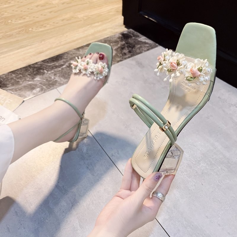 Fashion Crystal Pearl Heels 2021 Women's Sandals Lace Ruffles Beaded High Heels Open Toe Fantasy Women Slippers