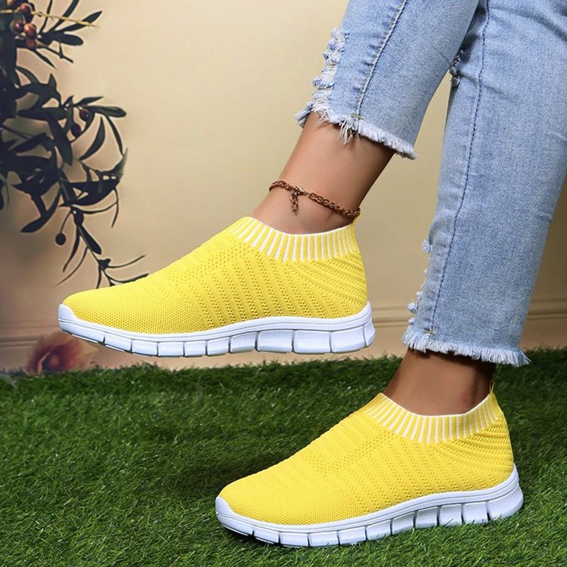 Rimocy Yellow Stripe Knitted Socks Sneakers Women Spring Summer Slip On Flat Shoes Woman Plus Size Mesh Breathable Running Shoes