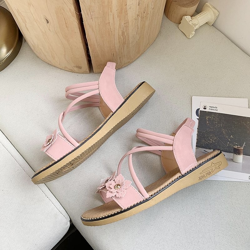 2021 summer ladies pink suede rhinestone flower elastic band platform sandals women ankle strap peep toe flat shoes size 35-39