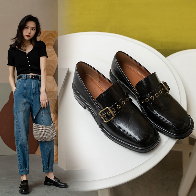 Hot selling women's shoes 22-25cm length natural leather pumps square toe buckle women's heels 2 colors black heel shoes for women