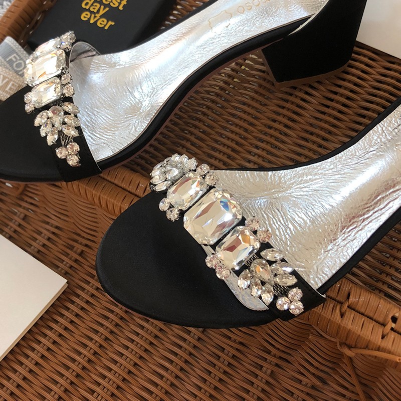 Women Sandals Rhinestones Sparkly Wedding Shoes Satin Daily Work High Heels Ankle Strap Black Sandalias Summer