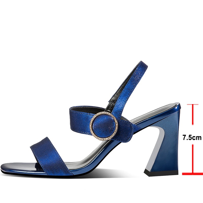 Meotina Genuine Leather Women Fashion Shoes Buckle Square Toe Sandals Thick Heel High Heels Women's Shoes 2022 Summer Blue