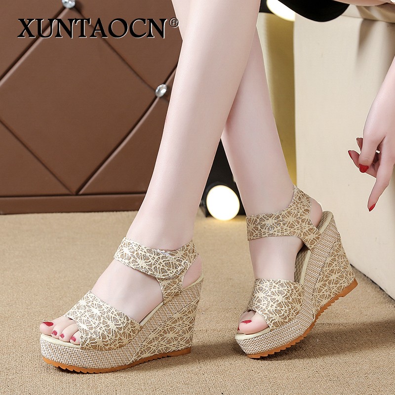 Women Sandals New Summer Fashion Lace Hollow Gladiator Wedges Shoes Woman Slides Peep Toe Hook & Loop Solid Lady Casual
