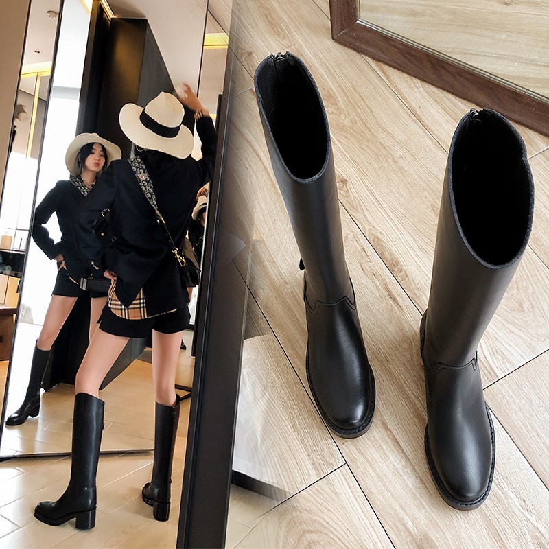 Women knee-high boots natural leather shoes plus size 22-27cm length 6cm heel cowhide autumn and winter warm plush boots