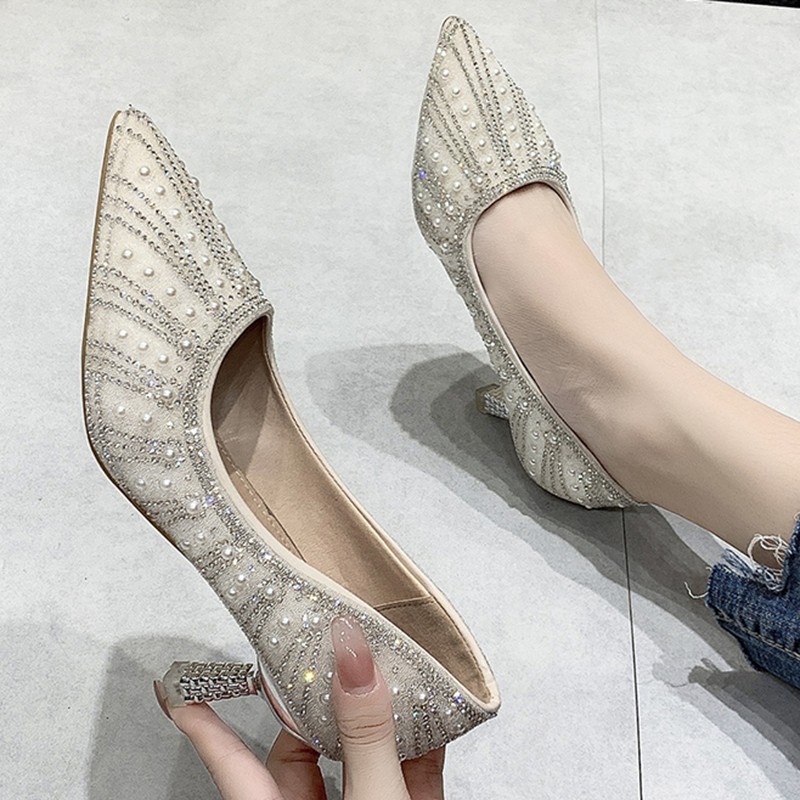 Lucyever Shiny Pearls Crystal Pumps Women 2022 Elegant Pointed Toe Party Wedding Shoes Woman Shallow Mouth Thin Heels Pumps