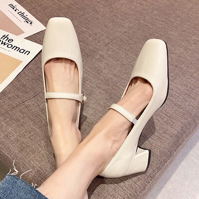 Rimocy Women Elegant Pearl Mary Janes Summer 2022 Simple Patent Leather Mid Heel Pumps Woman Black Square Heels Thick Heel Shoes