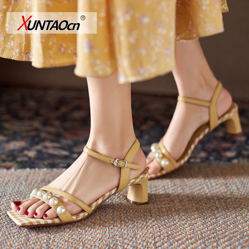 Women Sandals PU Leather Candy Color Summer Women Shoes Fashion Square Toe Stringy Heels Shoes Size 35-39