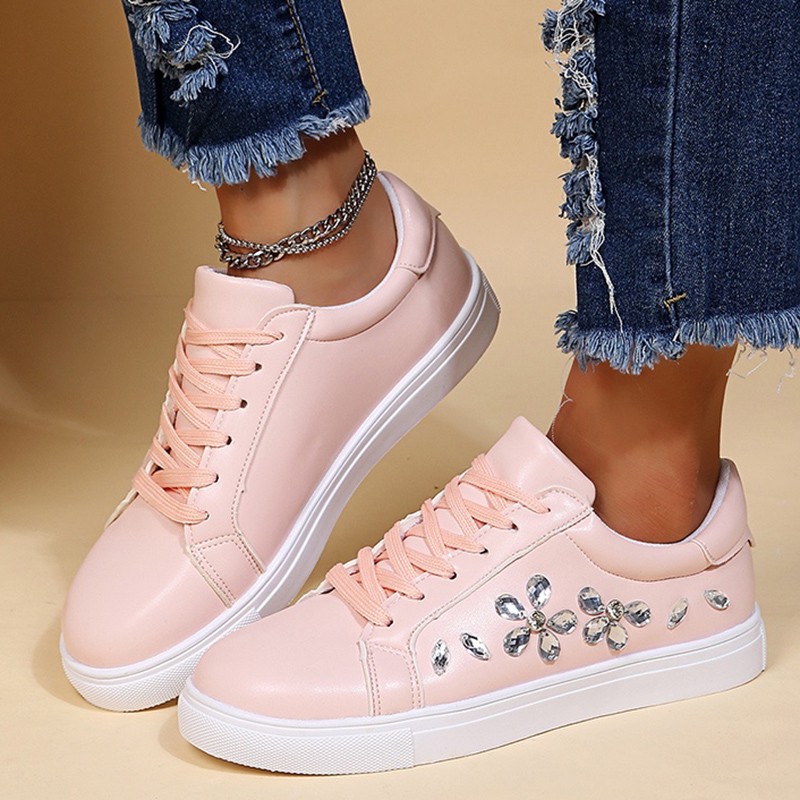 Lucyever Rhinestone White Sneakers Women Spring Summer Comfortable Lace Up Flats Woman Casual Platform Shoes Female Plus Size 42