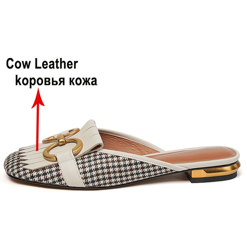 Meotina Women Mules Shoes Genuine Leather Flat Shoes Fringe Metal Decoration Square Toe Women's Shoes Spring Autumn Brown 40