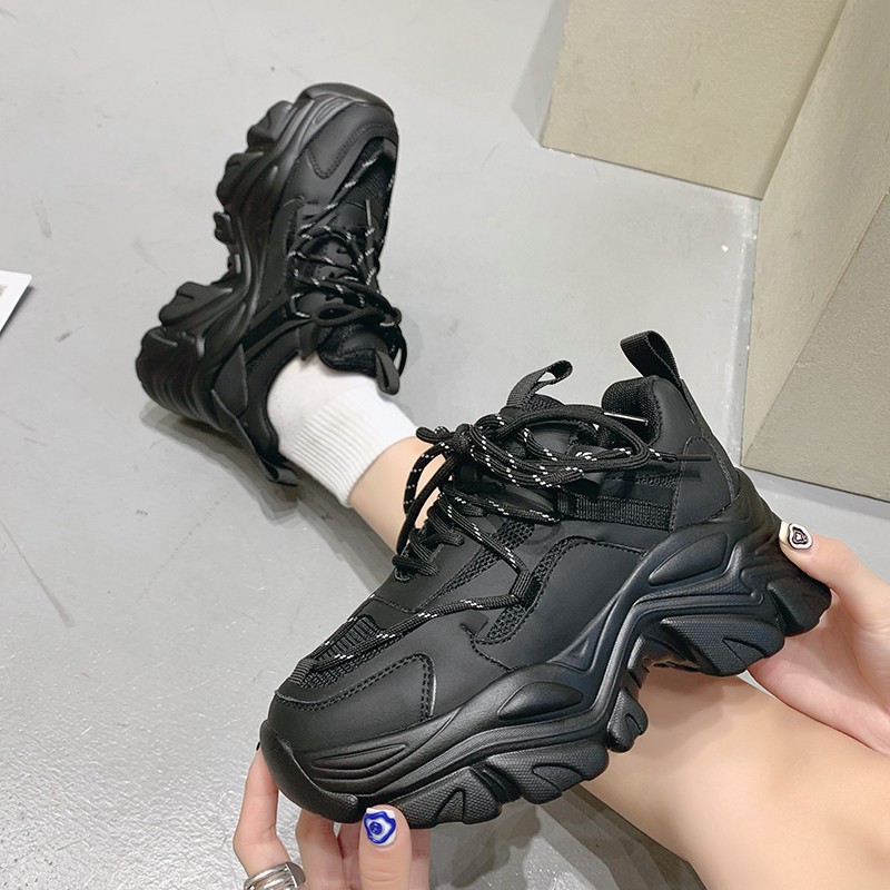 Rimocy Fashion Chunky Platform Sneakers Women Autumn Winter Thick Sole Vulcanize Shoes Woman High Street Lace Up Trainers Black