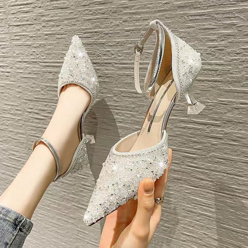 Lucifer 2022 Luxury Women High Heels Ankle Strap Wedding Shoes Party Bridal Party Shoes Glitter Pointed Toe Women Shoes