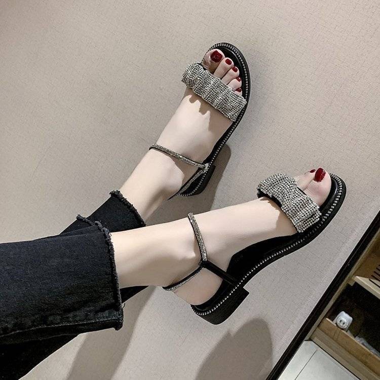 2021 New Low Heels Versatile High Heels Women Square Heel Single Line Roman Shoes Rhinestone Sandals Gladiator Slippers