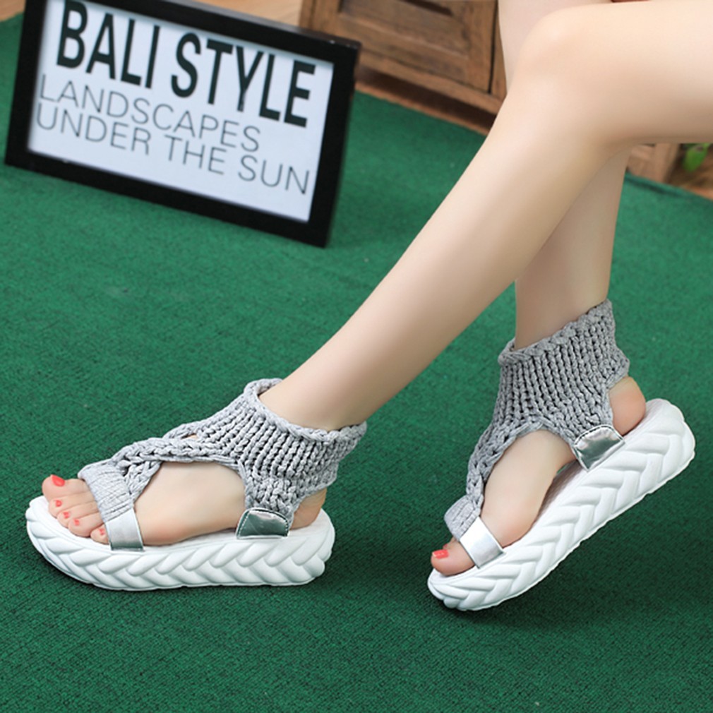 Women Gladiator Sandals Summer Flat Wool Shoes Thick Bottom Knitting Solid Sandals Ladies Platform Sandalias Zapatos Mujer