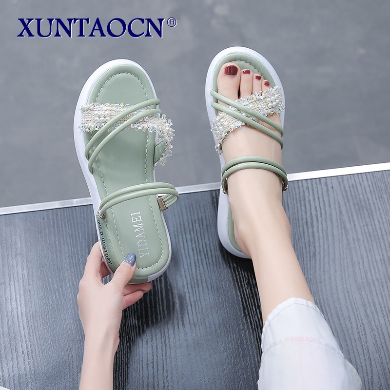 Slippers Women Summer Flat Shoes Female String Bead Pantofle Lady Slides Fashion Low 2022 Girl Luxury Fabric Rubber Rome Hoof He