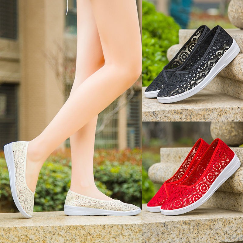 Women's shoes summer cloth shoes middle-aged and elderly breathable hollow tennis shoes slip-on soft bottom non-slip mom sandals