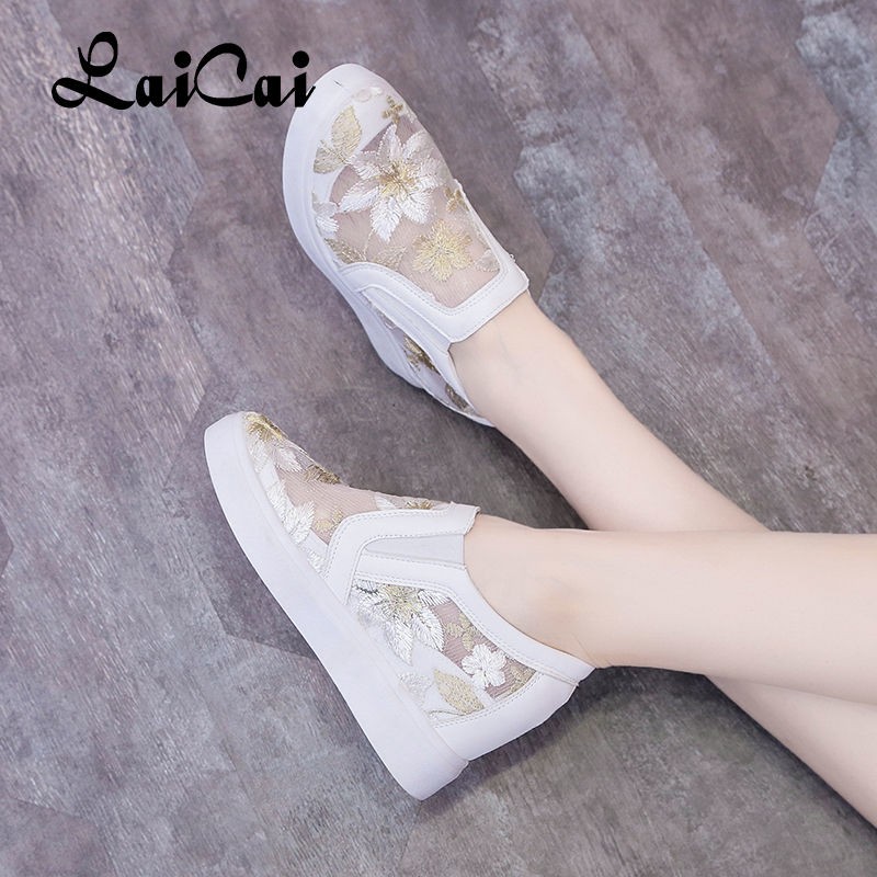 Women's shoes spring and summer new hidden heel white shoes slip-on hollow out embroidery breathable lazybone casual lady shoes