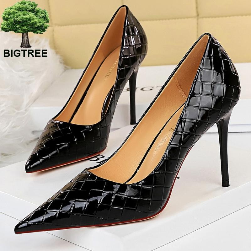 BIGTREE Patent Leather Shoes Woman Pumps 2022 Designer Shoes New Weave Style Fine High Heels Stiletto Heeled Shoes Party Shoes