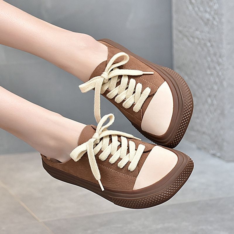 Half slippers women 2021 spring and summer new cool slippers contrast color retro handmade square lace up soft-soled shoes