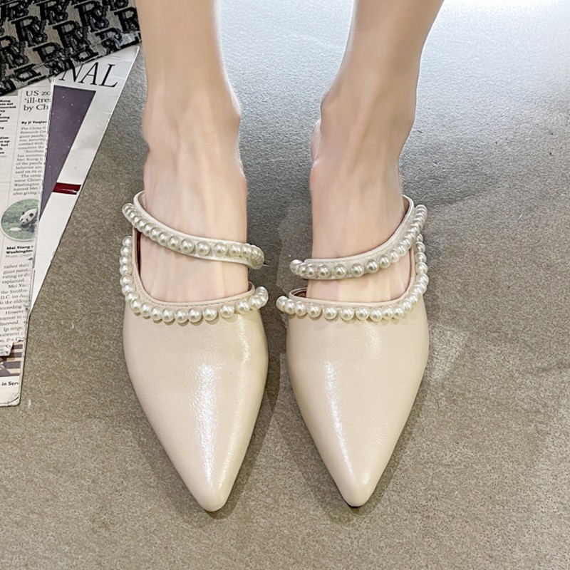 Lucifer Fashion Pointed Toe Pearl Slippers Women 2022 Summer Thick Heels Mules Shoes Woman PU Leather Outdoor Slippers Female