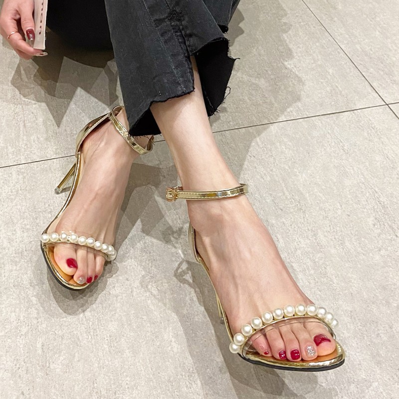 lucifer pearl strap high heel sandals for women summer ankle strap stiletto heel shoes woman gold silver party shoes ladies