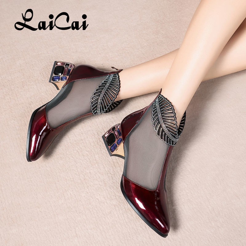 2021 spring summer new chunky heels patent leather pumps women hollow-out plus size shoes rhinestone mesh closed toe sandals