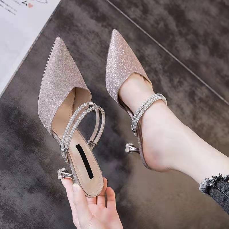 Women's Toe Covered Sandals High Heel Pumps 2021 New Spring Summer Two Way Pointed Toe Outer Wear Half Slippers Fashion Sandals