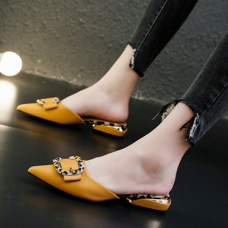 Fashion Women's Flat Shoes Pointed Toe Buckle Square Thick Heel Mules