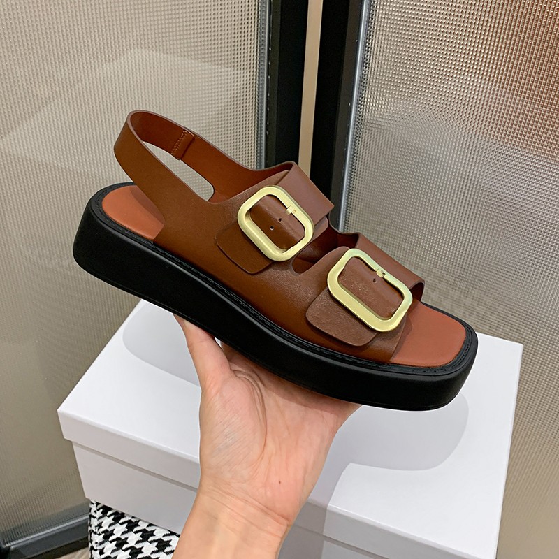 Metal buckle decoration split leather slip on women sandals flat platform fashion women's shoes summer sandals black beige