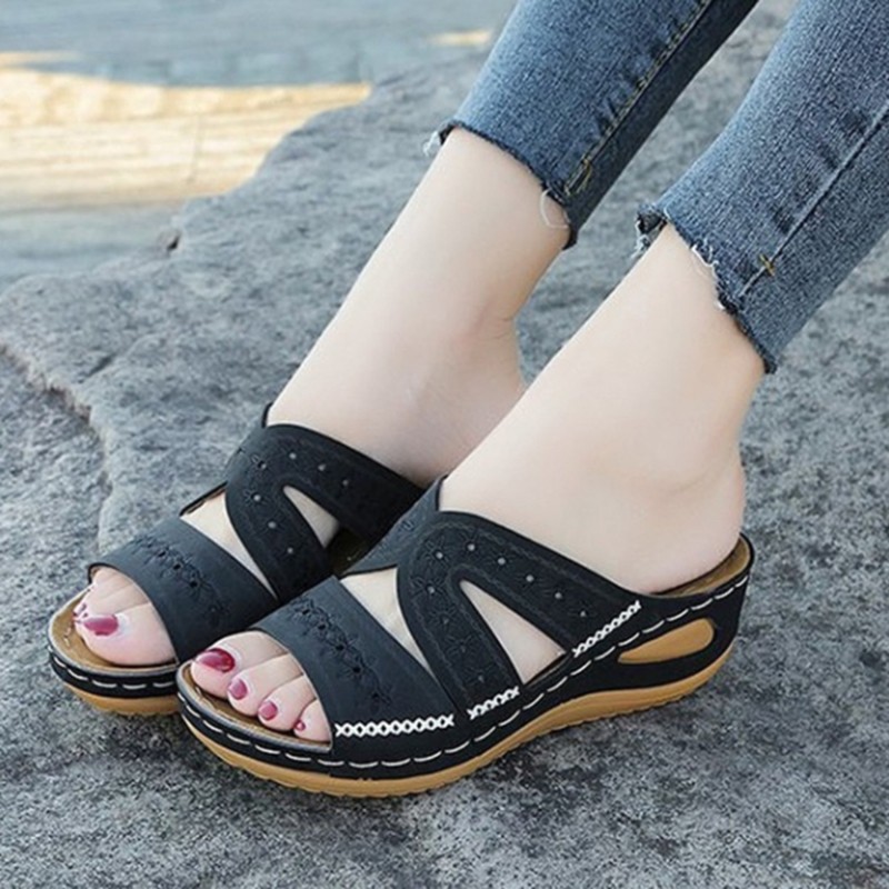 2022 Summer Women's Wedge Sandals Open Toe Retro Leather Sandals Casual Women's Shoes Thick Sole Retro