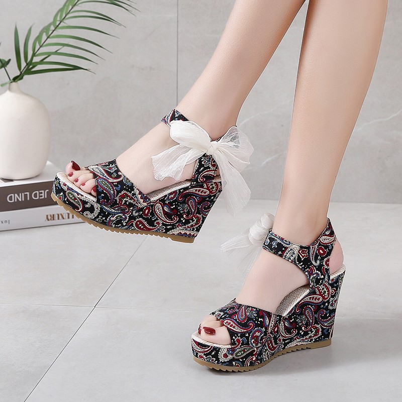 Rimocy Print Bohemia Wedges Sandals for Women 202 Summer Super High Heels Peep Toe Sandalias Mujer Plus Size Beach Platform Shoes