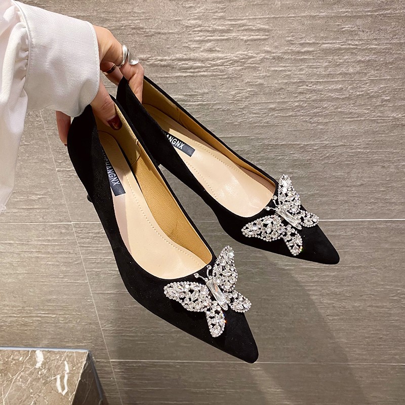 Rimocy Luxury Rhinestone Butterfly Women Pumps Sexy Pointed Toe Thin High Heel Shoes Woman Spring Summer Wedding Party Shoes