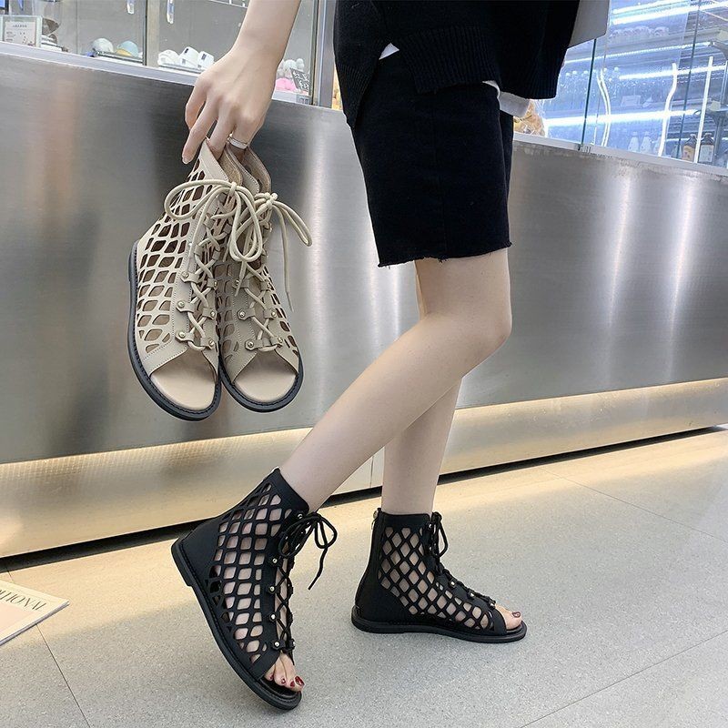 European and American hollow toe cool shoes women spring/summer 2021 new cross strap zipper flat bottom roman sandals women