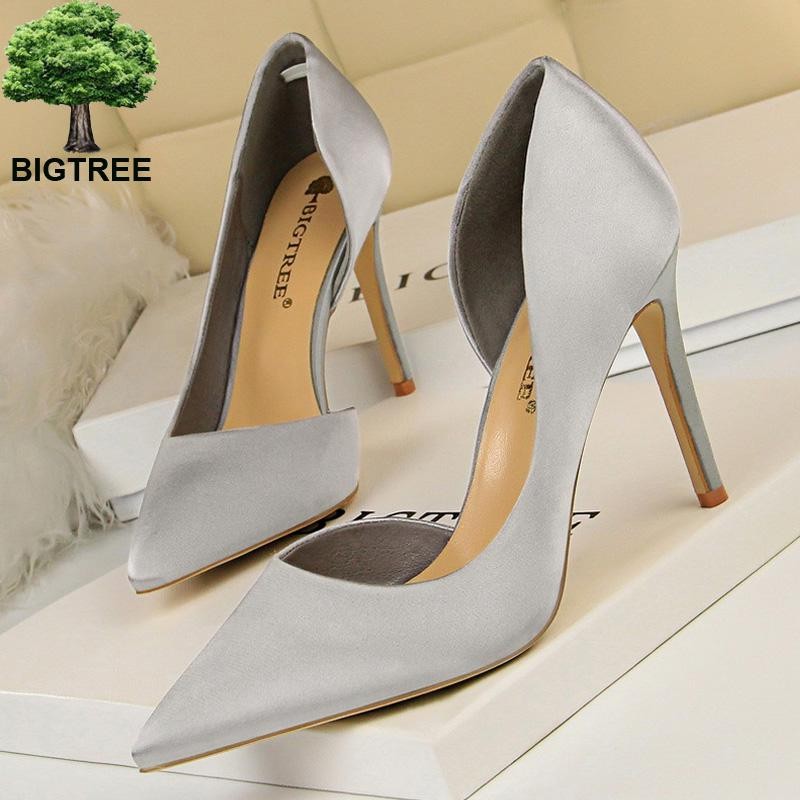 BIGTREE Sexy Shoes Woman Pumps Black Blue Sliver Women Heels Satin High Heels Shoes Women Stiletto Heels 9.5cm Ladies Shoes