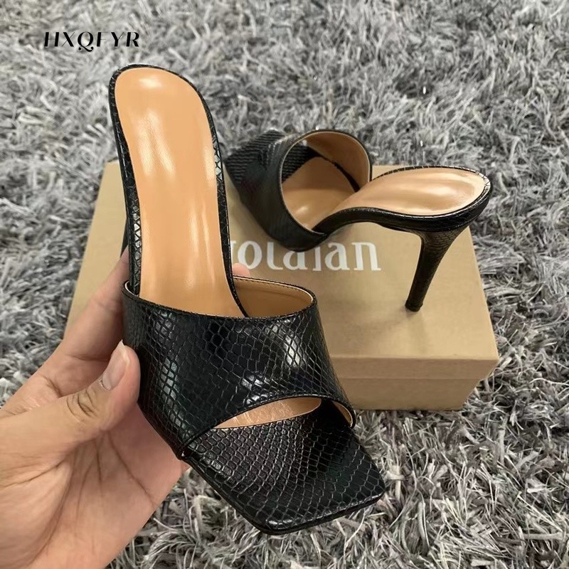 2022 Summer New Women's Slippers Square Toe Thin Heels Black Women High Heels Shoes Woman Sexy Flip Flops Women Shoes Ladies Shoe