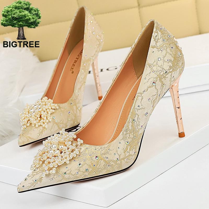 BIGTREE Pearl Floral Shoes Woman Pumps Rhinestone High Heels 2022 New Luxury Women's Heels Stiletto Plus Size Ladies Pumps