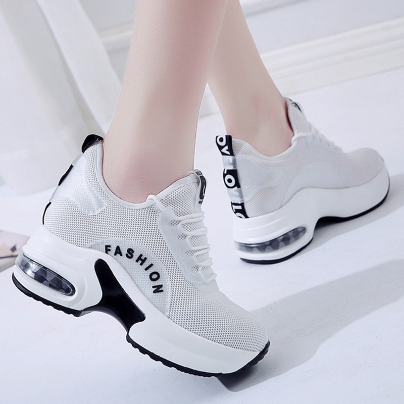 Lucifer 2022 Spring Breathable Mesh Casual Women Sneakers Lace Up Height Increasing Shoes Woman Air Cushion Wedges Female Shoes