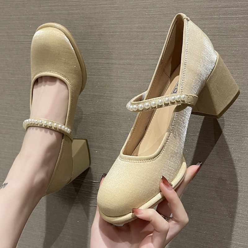 Lucifer Elegant Women Ankle Strap Shoes 2022 Spring Silk Thick Heel Round Toe Party Wedding Shoes