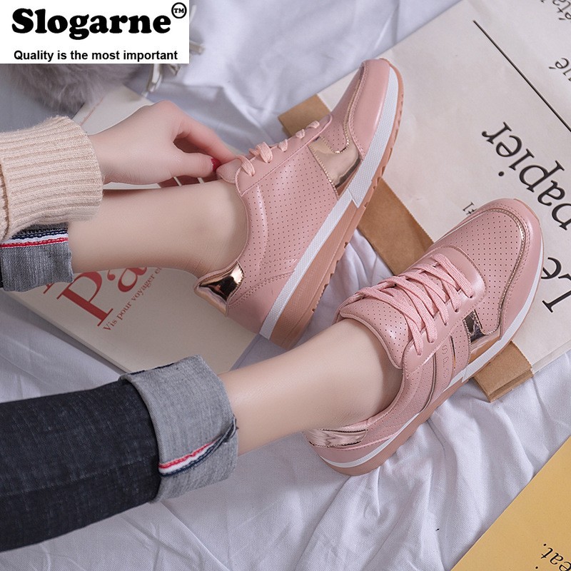 Women Plus Size Luxury Shoes Platform Sneakers Female Spring Walking Shoes Student Flats Thick Sole Hollow Leather Shoes