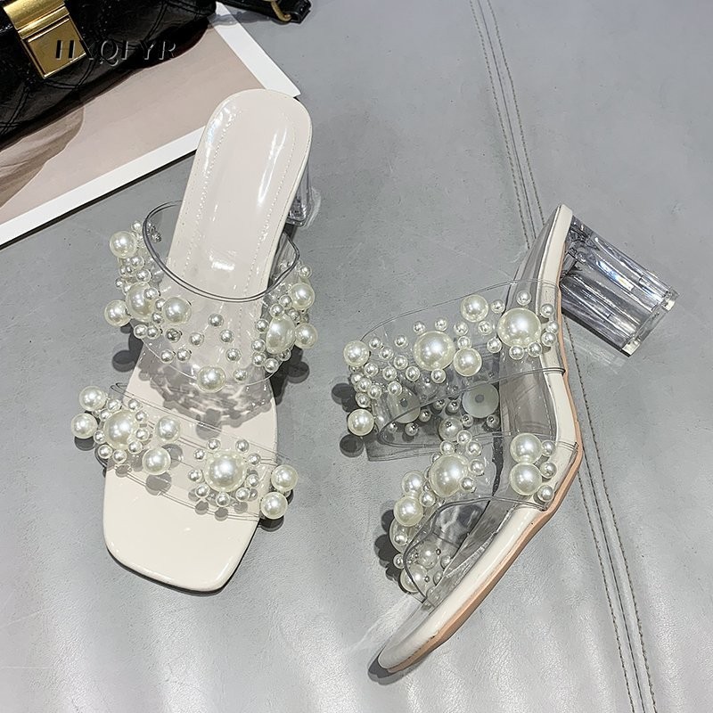 2022 New Women Transparent PVC Beaded Shoes Slippers Open Toe Female Beach Perspex Heels Crystal Shoes Female Shoes