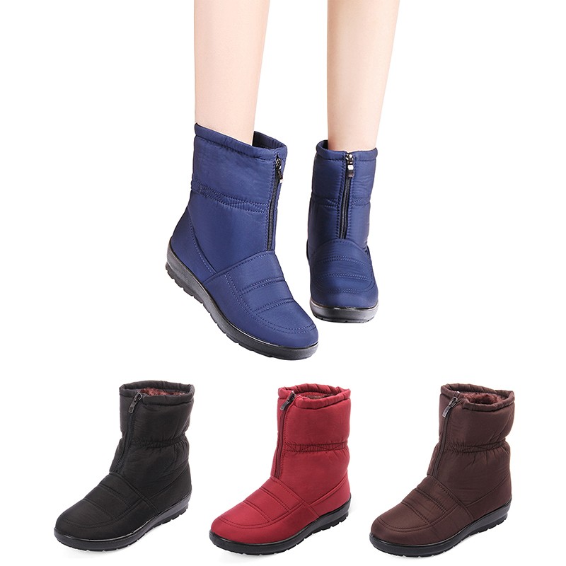 Snow boots for women winter warm plush ankle boots front zipper non-slip cotton-padded female solid color boots